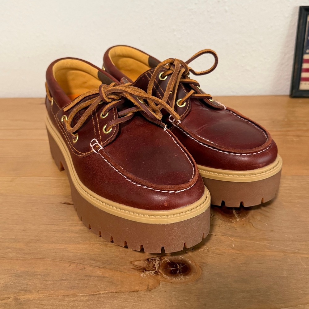 Timberland Stone Street Boat Shoes Womens 9.5 Brown Leather Platform Lug Sole